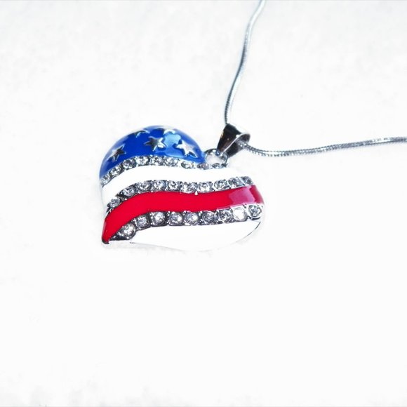 💙🇺🇸❤️ 18" Silver Patriotic Enamel Necklace American Flag Heart - Picture 10 of 12